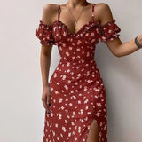 Aieru Sexy Sling Ruffle Strapless Slit Party Dress Women Summer Elegant Off Shoulder V Neck Long Dress Spring Floral Print Slim Dress