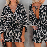 Leopard Print Bowknot Wide Leg Romper Overalls Casual Loose Summer V Neck Playsuits Short Jumpsuits Pockets