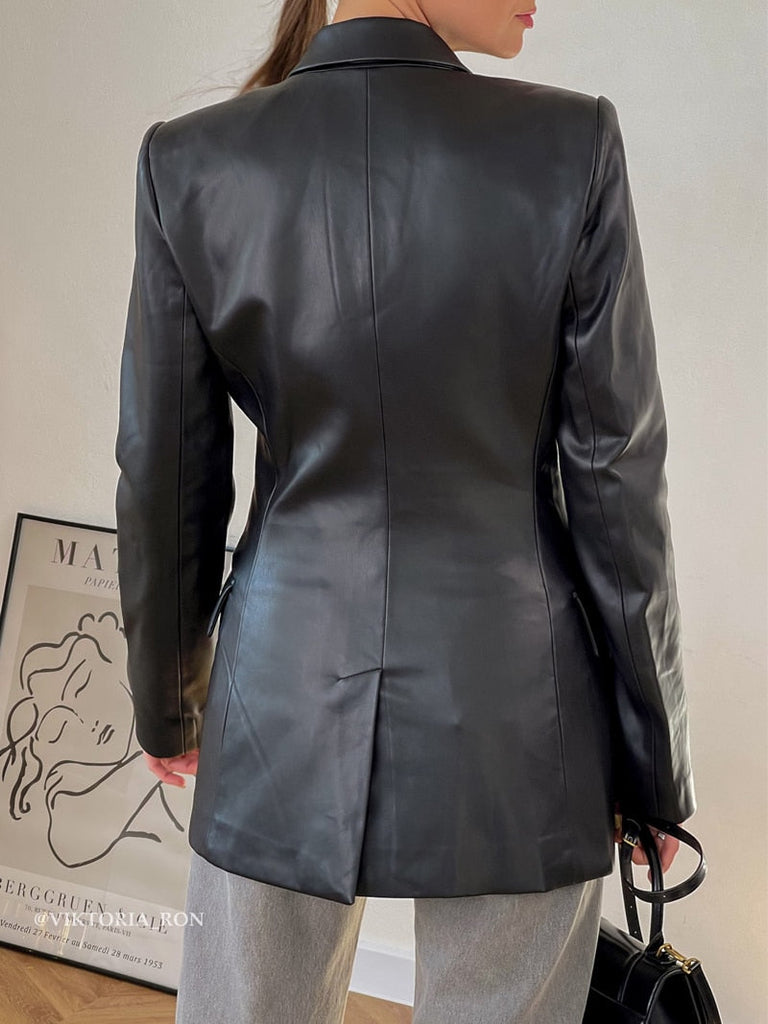 Goosudu  Autumn New Leather Blazer Jacket Women Spring PU Single Button Coat Fit Waist Motorcycle Fashion Jackets Street Outwear