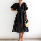 High Waist Lantern Sleeve V Neck Dress Solid Color Mesh Yarn Button Long Dress Casual Elegant Party Dresses Women Summer Vestido