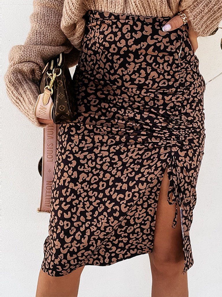 Midi Skirt Women Leopard Spring Lace Up Slit Bodycon High Waist Drawstring Printed Sexy Skirt Casual Office Female Skirt
