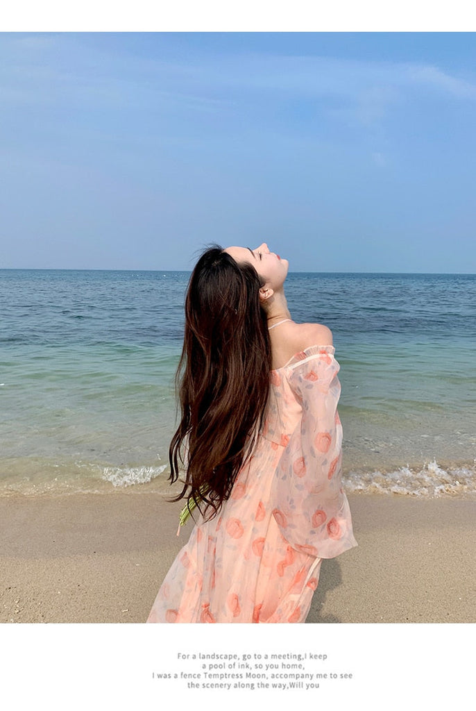 Holiday Pink Beach Dress Long Sleeve Floral Dress Women's Summer A-line Midi Princess Sweet Fairy Dress Sundress Femme Robe