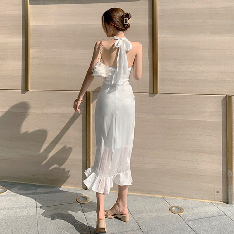 Summer Women Elegant Suspenders Midi Dress White Sexy Backless Ruffle Fishtail Dress Retro Luxury Ladies Clothing