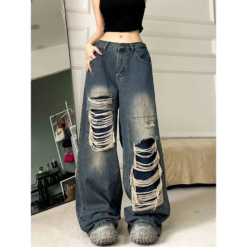 Ripped Baggy Jeans For Women Summer streetwear Fashion High Waist Boyfriend Jeans For Women Gothic Denim Pants Woman