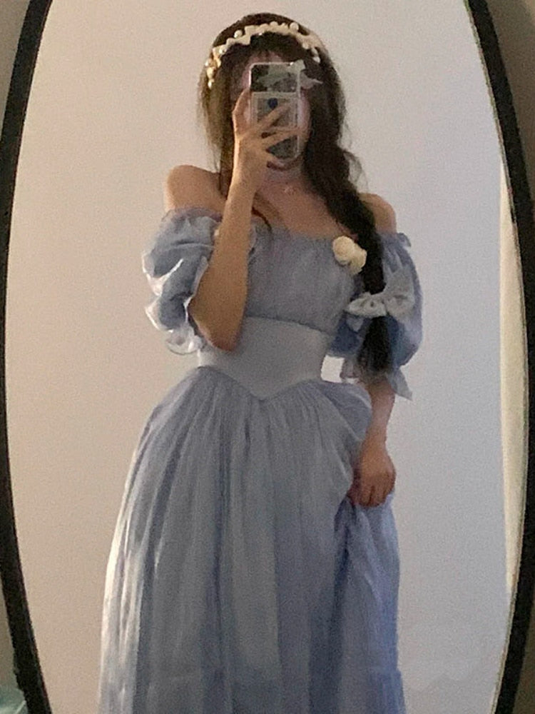 Vintage Elegant Midi Dresses Women Spring Blue Patchwork Retro Evening Party Dress French Sweet Korean Princess Fairy Dress