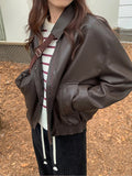 Spring Autumn Oversized Casual Waterproof Coffe Soft Pu Leather Jacket Women with Drop Shoulder Long Sleeve Fashion