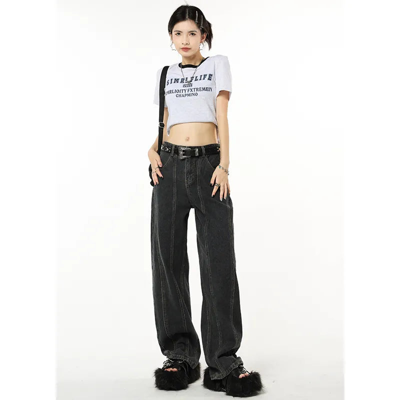 Winter Vintage Navy Blue High Waist Women Jeans American Fashion Streetwear Wide Leg Jean Female Trouser Straight Denim Pants