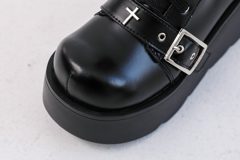 Punk Metal Buckle Platfom Ankle Boots Women Autumn PU Leather Chunky Heels Gothic Shoes Woman Thick Bottom Motorcycle Botas