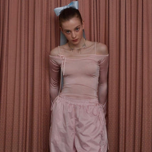 Elegant Women's Spring Autumn Slim Crop Tops Solid Color Long Sleeve Off Shoulder Bandage T-shirt Vintage Harajuku Tee Top