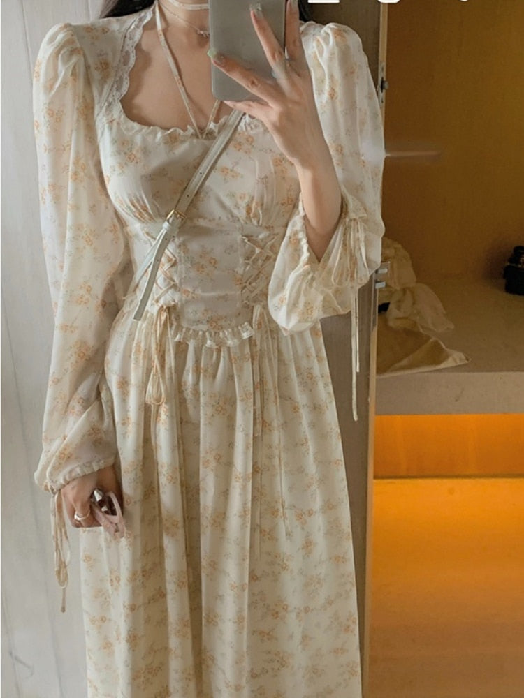 Summer Elegant Y2k Midi Dress Women Casual Lace One Piece Dress Korean Sweet Vintage Floral Dress Party Female Long Sleeve
