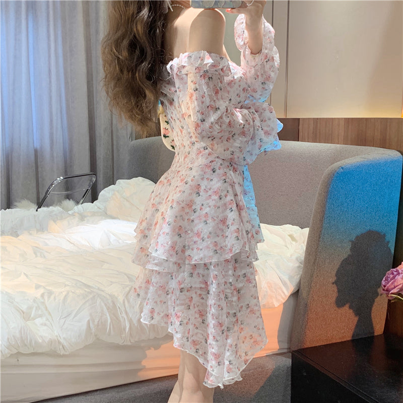 Goosudu Fairy Dress Holiday Irregular Floral Dress Square Collar Women's Spring Long Sleeved Princess Slim Fairy Dress Ruffle Short Dress Vacation