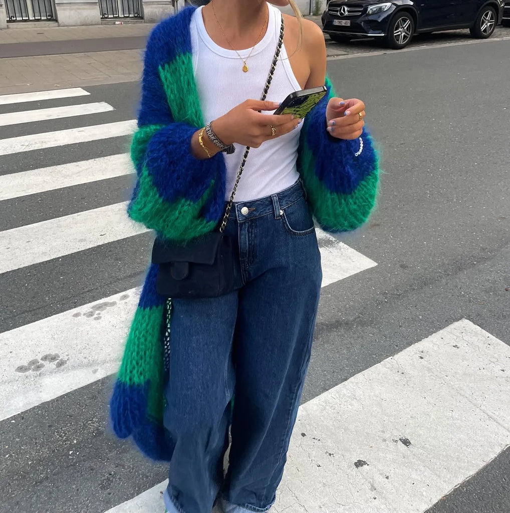 Stripe Women Knit Splice Cardigans Loose Autumn Winter Vintage Full Sleeve Long Coat Ladies Casual Street Jacket Knitwear