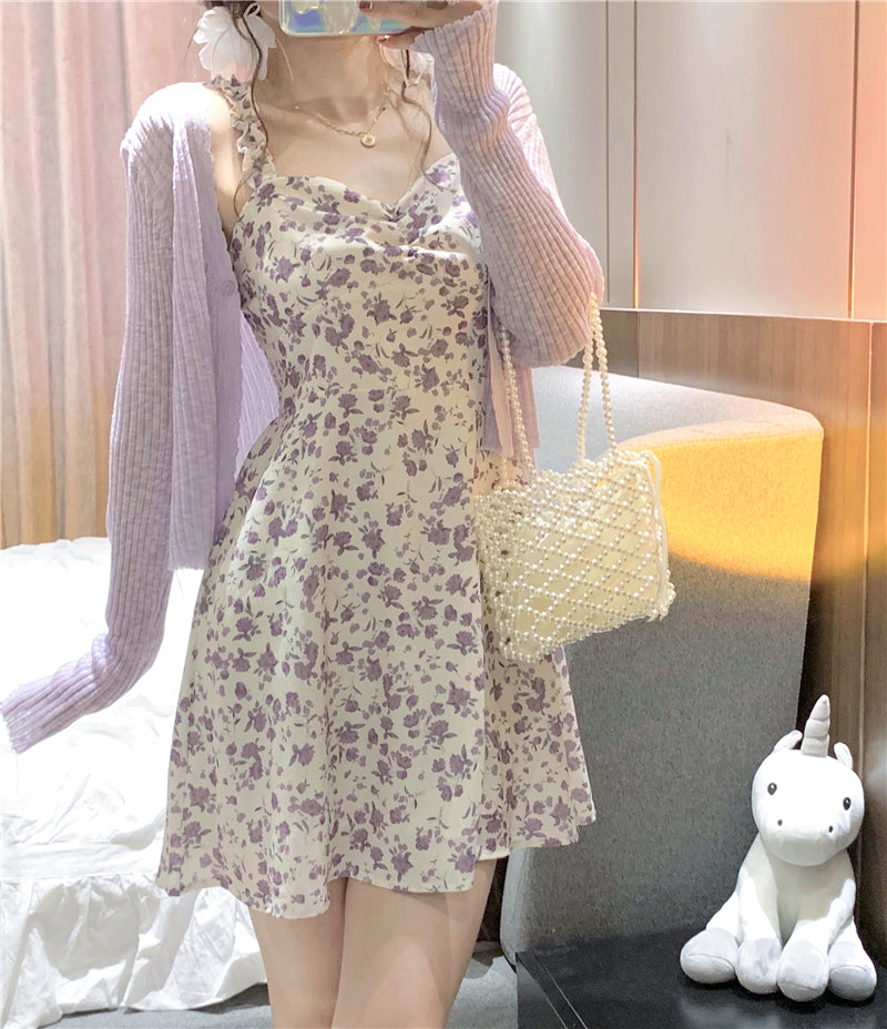 Goosudu Floral Slip Dress Fairy Dress Ladies Mini A-line Strap Dress  High Waist Ruched Purple Sundress For Women Spring  Clothing Robe Femme