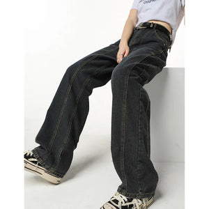 Winter Vintage Navy Blue High Waist Women Jeans American Fashion Streetwear Wide Leg Jean Female Trouser Straight Denim Pants