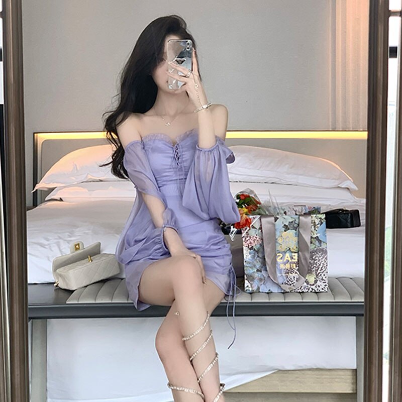 Korean Summer Designer Chiffon Lace Lolita Dress Women Elegant Long Sleeve Sexy Shirring Skinny Mini Dress Woman Bandage Dresses