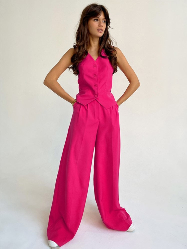 Fashion Women Button Vest And Wide Leg Pant Sets Spring Summer Tank Loose Straight Trouser 2pc Sets Commuter Office Lady Outfits