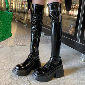 Patent Leather Chunky Platform Long Boots Women  Autumn Punk Thick Heels Shoes Woman Zipper Black Motorcycle Botas De Mujer