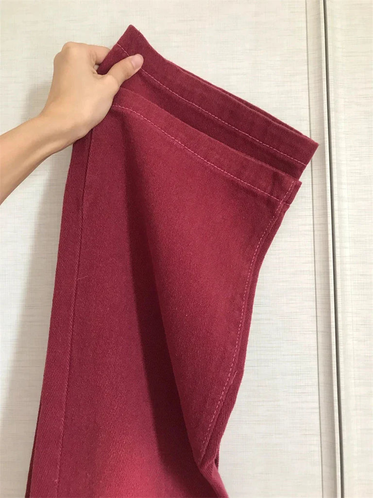 High Street Streetwear Baggy Jeans Women Denim Trousers High Waist Y2k Vintage Washed Distressed Wide Leg Mopping Red Pants