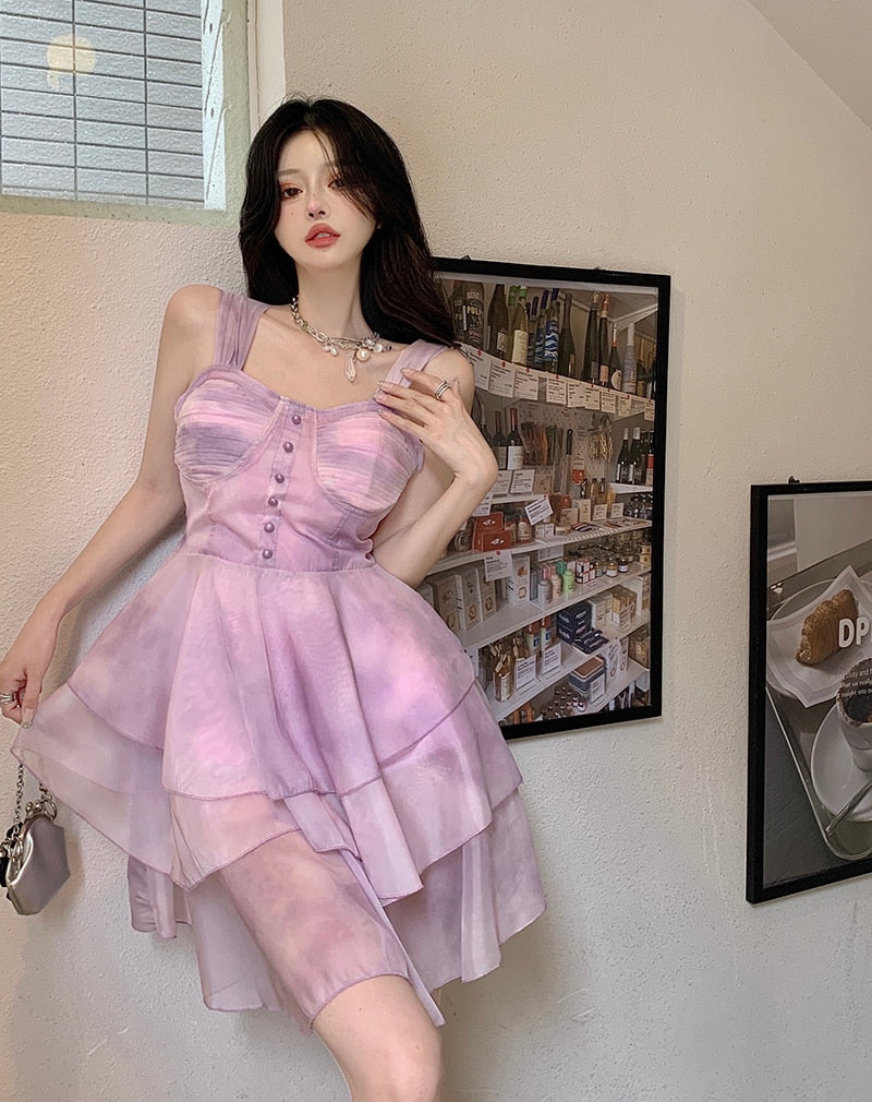 Holiday Sexy Spaghetti Strap Dress High Waist Sweet Mini Princess Dress Female Summer Purple Mesh Puffy Dress Robe Vestido