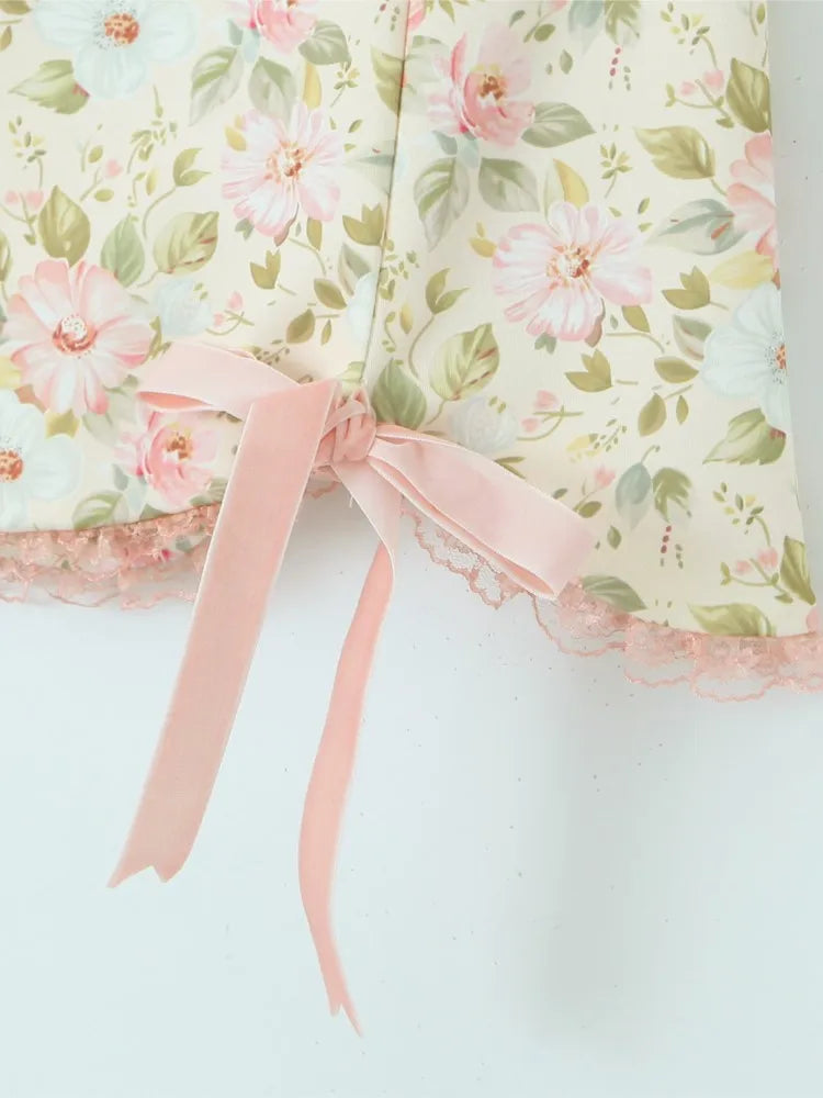 Sexy Floral Print Bow Cross Lacing up Back Corset Wood ears Crop Top + High Waist Ribbon Asymmetric Mini Skirt 2 pieces 1 set