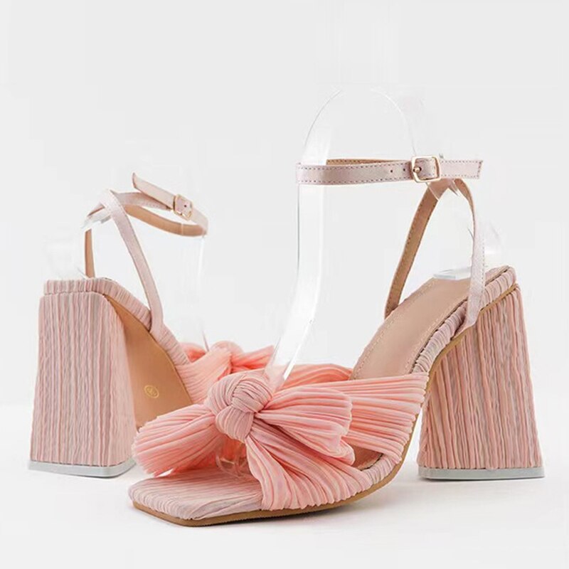 Size 44 45 46 Fashion Pleated Butterfly-Knot Womens Sandals Gladiator Peep Toe Buckle Strap Triangle High Heels Dress Shoe