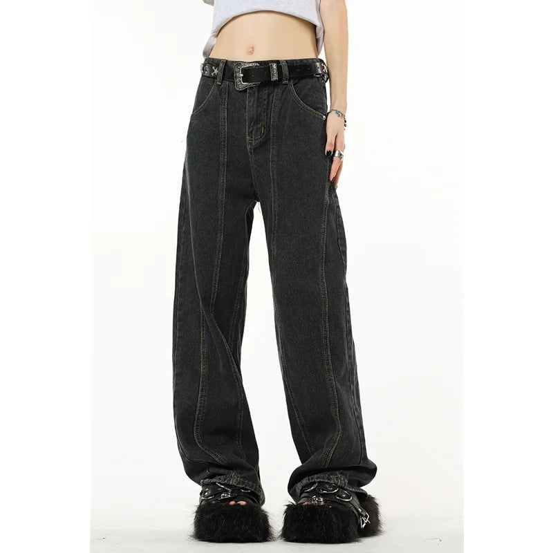Winter Vintage Navy Blue High Waist Women Jeans American Fashion Streetwear Wide Leg Jean Female Trouser Straight Denim Pants