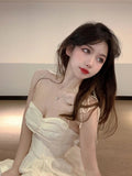 goosudu Fairy Dress Summer Spaghetti Strap Dress Pleated Backless Corset Dress High Waist Slim Short A-Line Dress Gauze Women's Spring Clothing