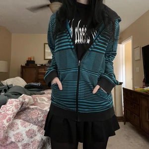 Autumn Spring Casual Full Sleeve Sweatshirts Harajuku Grunge Striped Print Zip Up Hoodies Korean Mall Goth Vintage Jackets Coat