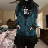 Autumn Spring Casual Full Sleeve Sweatshirts Harajuku Grunge Striped Print Zip Up Hoodies Korean Mall Goth Vintage Jackets Coat