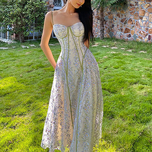 Lace Floral Sling Dress Women's Summer Spaghetti Strap Dress French Fairy Elegant Long Wrapped Chest Party Dresses Robe