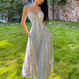 Lace Floral Sling Dress Women's Summer Spaghetti Strap Dress French Fairy Elegant Long Wrapped Chest Party Dresses Robe