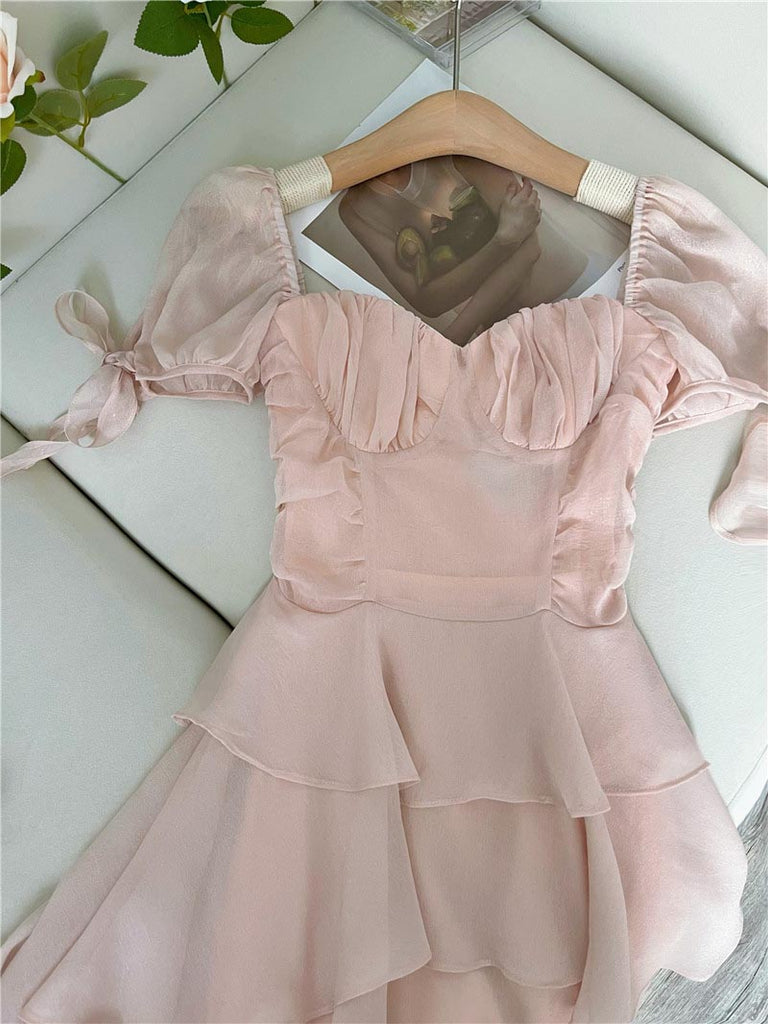 goosudu Fairy Dress Ruffled Puff Sleeve Dress Solid Square Collar Women's Summer Dress Chic High Waist Sweet Pink Cake Short Fairy Dress Vestidos