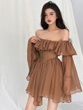 Fairy Dress  Holiday Irregular Long Sleeve Beach dress summer Ruffle sexy Off Shoulder female high waist chic women short dresses  Sundress