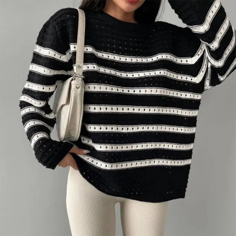 Black and White Striped Sweater Woman Hollow Out Knitted Jumper Oversized Sweater Autumn Winter Pullover Knitwear