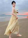 V Neck Tulle Print Sexy Evening Maxi Dresses For Women Party Slip Strap Backless Pleated Dress Club Beach Robe Femme Summer