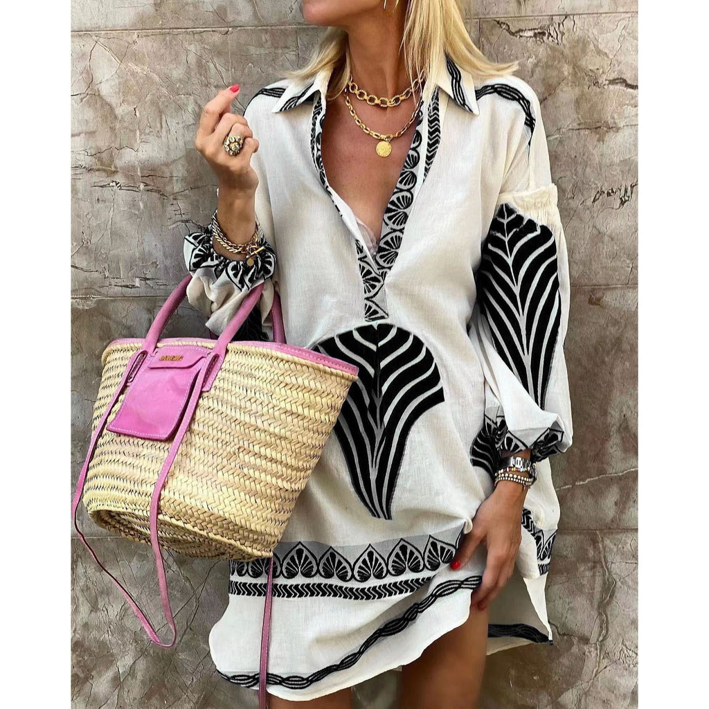 Fashion Geometric Print Blue Casual Loose Shirt Summer Dress Long Sleeve Spring Straight Short Vestidos Women Robe