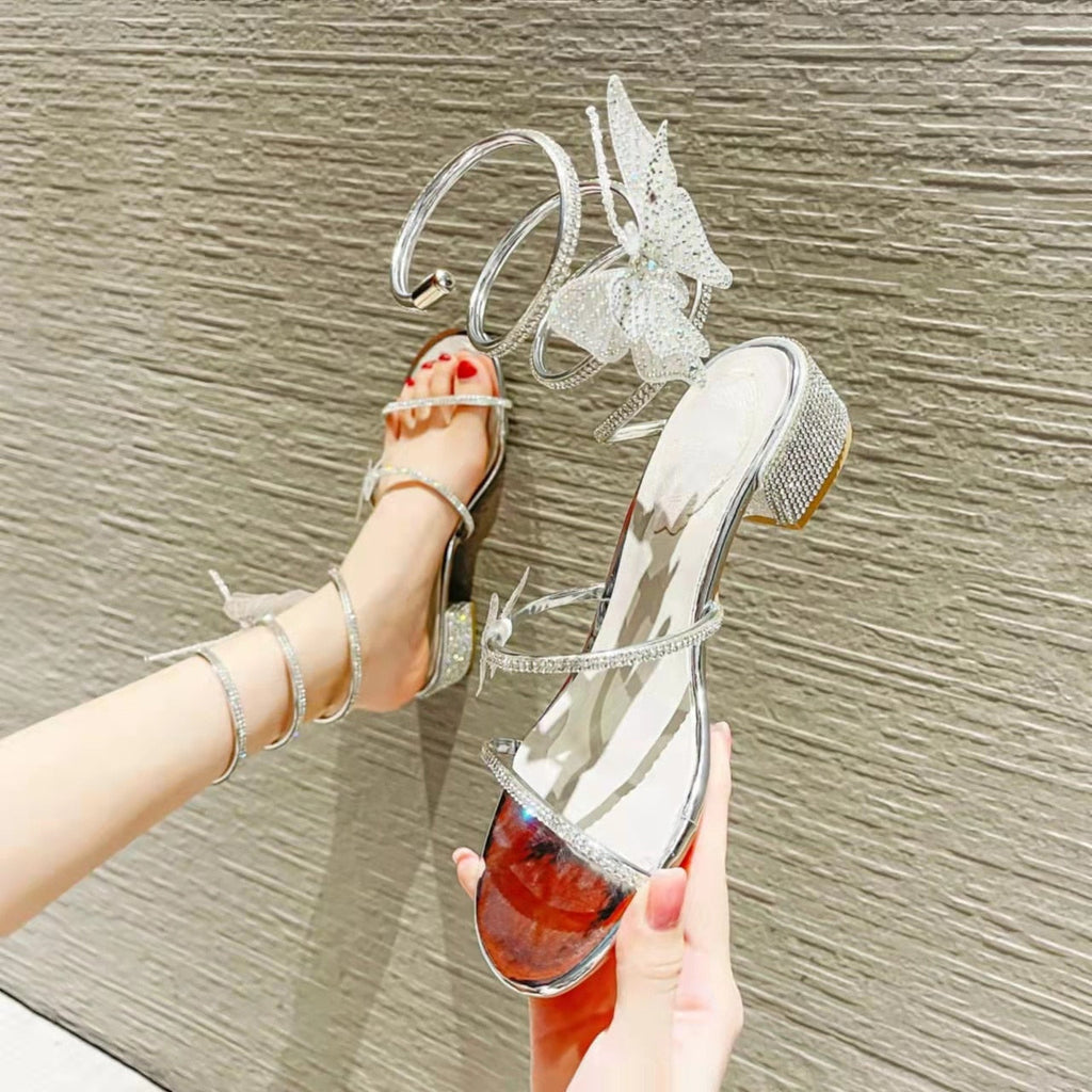Summer New Women's Sandals Fashion Luxury Rhinestone Butterfly Snake Surround Chunky Heel Banquet Shoes