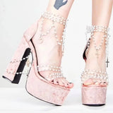 Fairy Girl's Pearl Beaded Platform Chunky Sandals Beading Necklace Chains Velvet High Heels Crystal Tassel One Line Lolita Shoes