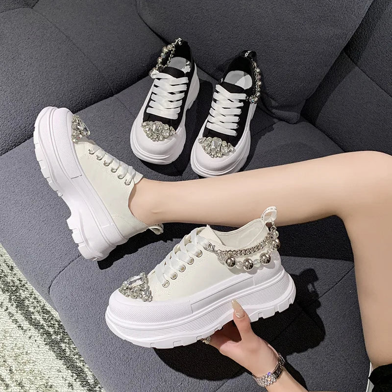 Women Chunky Sneakers Rhinestone Platform Sports Shoes Summer Height Increasing Casual Shoes 7CM High Heels Women Canvas Shoe