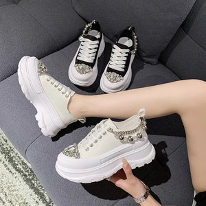 Women Chunky Sneakers Rhinestone Platform Sports Shoes Summer Height Increasing Casual Shoes 7CM High Heels Women Canvas Shoe