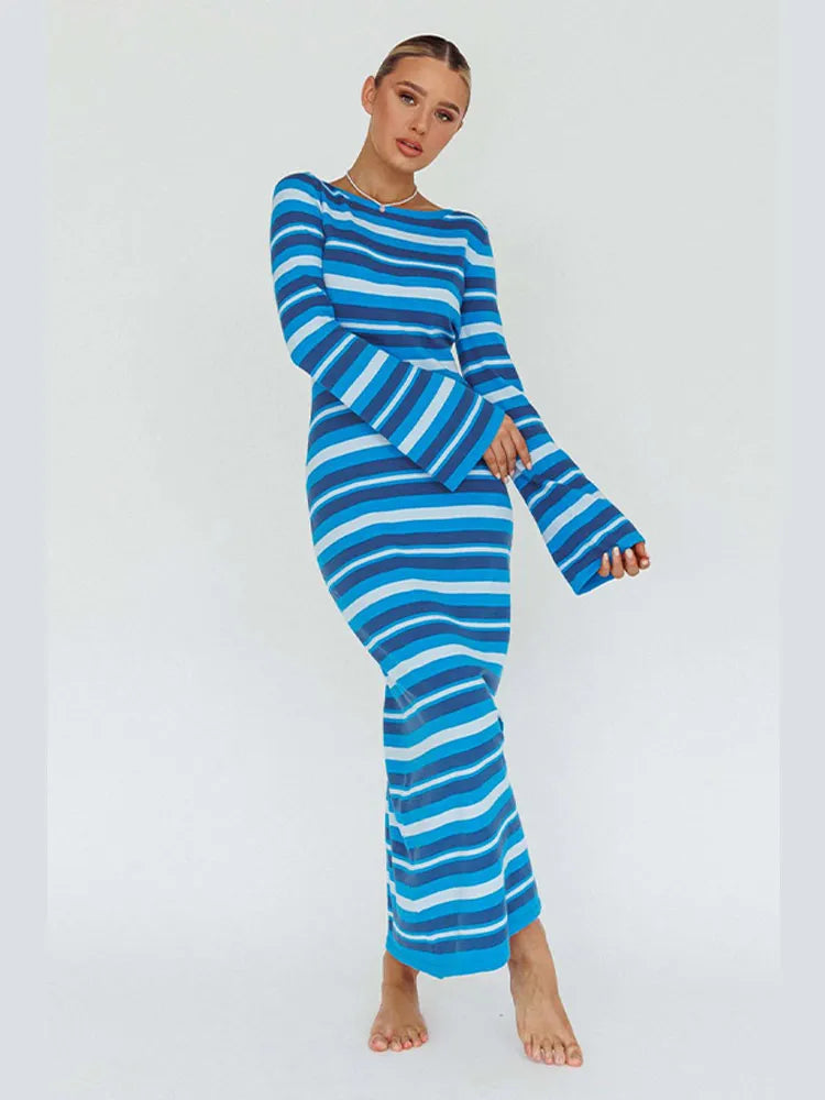 Sexy Backless Lace Up Women Striped Knitted Dress Fashion Slim O-neck Long Sleeve Midi Dresses Autumn Lady Chic Streetwear