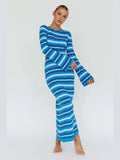 Sexy Backless Lace Up Women Striped Knitted Dress Fashion Slim O-neck Long Sleeve Midi Dresses Autumn Lady Chic Streetwear