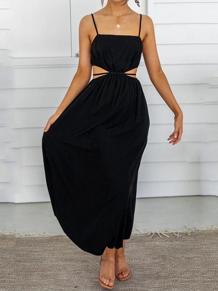 goosudu Spaghetti Strap Waist Hollow Out Beige Summer Maxi Long Dress Solid Elegant Backless Sundress Casual Women Dress