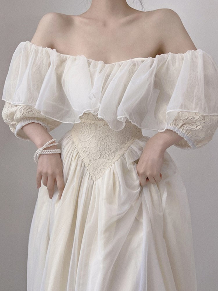 Summer Romantic Fairy Dress Woman Chic Vintage Lace Puff Sleeve Ruffles V-Neck Soft Princess Dresses Party Night Vestido Festa