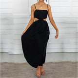 goosudu Spaghetti Strap Waist Hollow Out Beige Summer Maxi Long Dress Solid Elegant Backless Sundress Casual Women Dress
