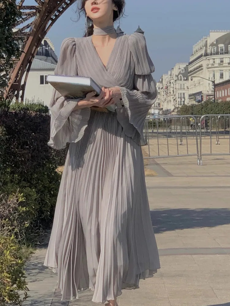 Spring Elegant V-Neck Midi Dress Office Lady Long Sleeve Casual One Piece Dress Korean French Vintage Chiffon Dress Women