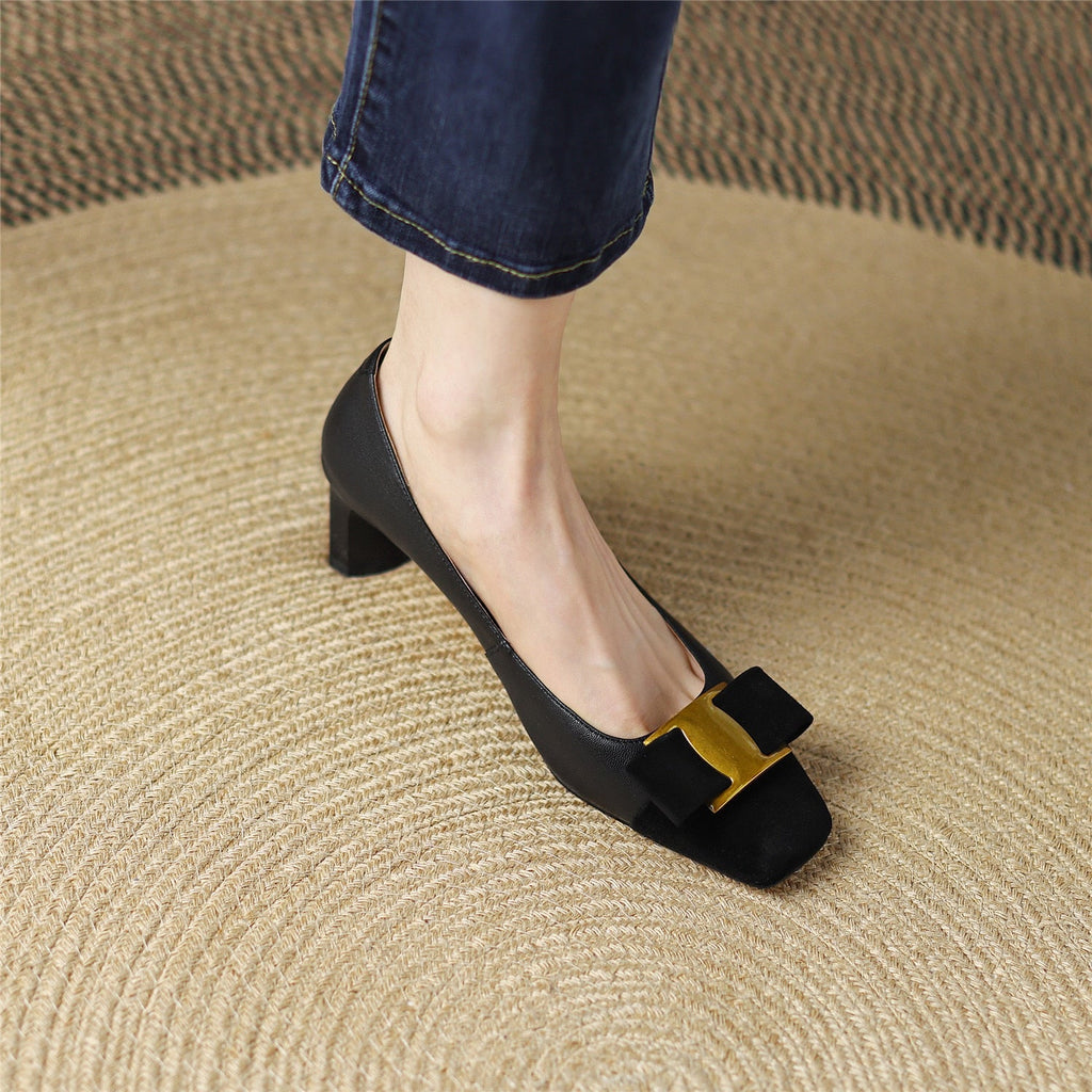 Pumps Shoes Women Mid Heel Spring Sheepskin Square Toe Thin Heel Metal Decoration Party Black Handmade Shoe Big Size 42