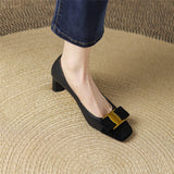 Pumps Shoes Women Mid Heel Spring Sheepskin Square Toe Thin Heel Metal Decoration Party Black Handmade Shoe Big Size 42