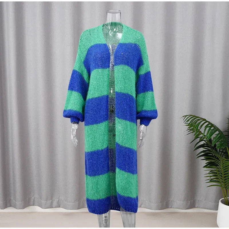 Stripe Women Knit Splice Cardigans Loose Autumn Winter Vintage Full Sleeve Long Coat Ladies Casual Street Jacket Knitwear