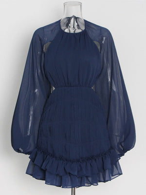 Backless Mini Dress For Women Round Neck Lantern Sleeve High Waist Solid Minimalsit Dresses Female Spring Clothing